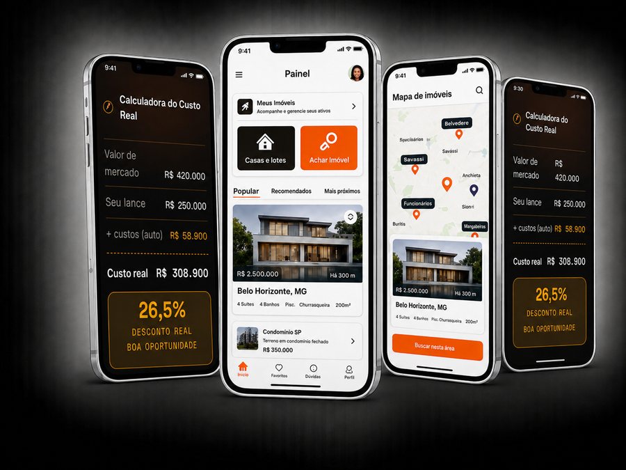 App Radar do Arremate — calculadora do custo real, painel e mapa de imóveis
