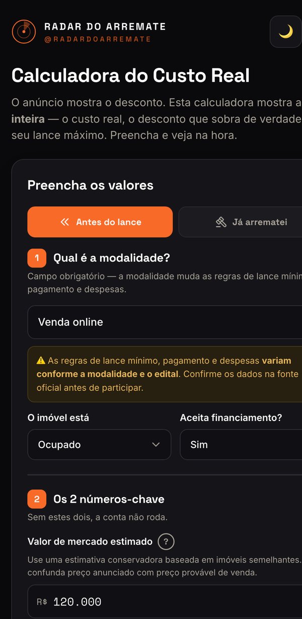Demonstração da calculadora Radar do Arremate no celular